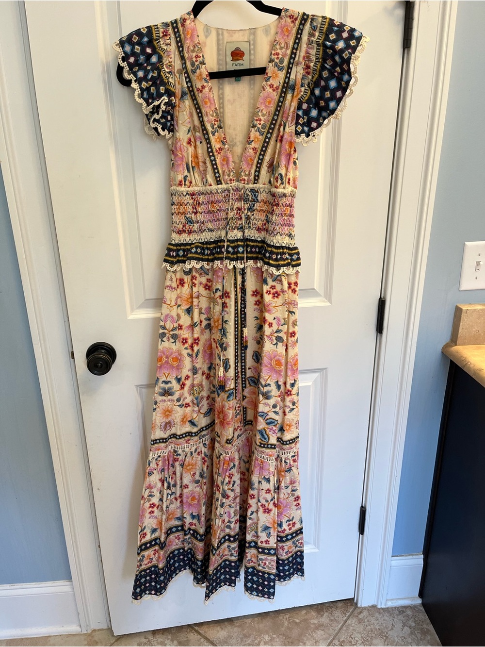 FARM Rio Cream Floral Maxi Dress with Navy Trim